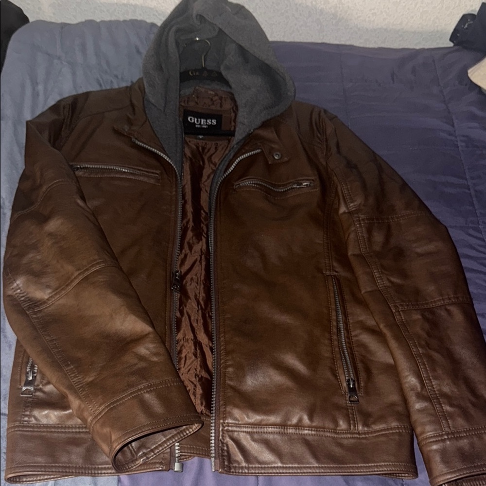 GUESS Men's Brown Leather Jacket with detachable Hood